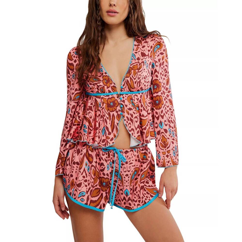 NEW FREE PEOPLE bed to brunch top and short set in salmon rose combo
